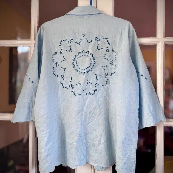 Susan Graver linen blend Blazer light blue cottagecore cutout eyelet embroidery - Picture 9 of 12
